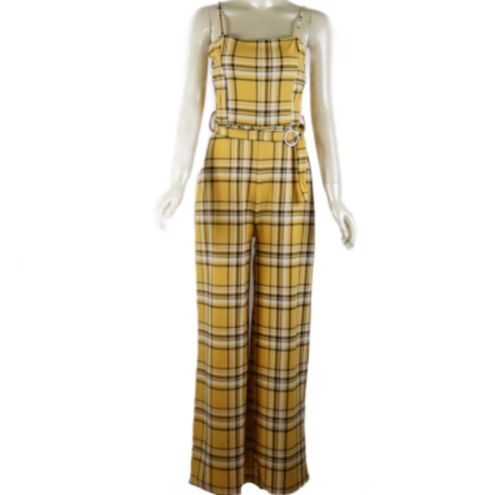 Almost Famous Yellow Black White Plaid Belted Jumpsuit Size Medium